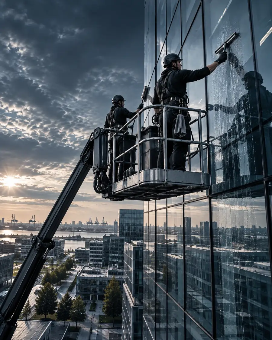 Professionelle Glasreinigung an einer modernen Glasfassade
